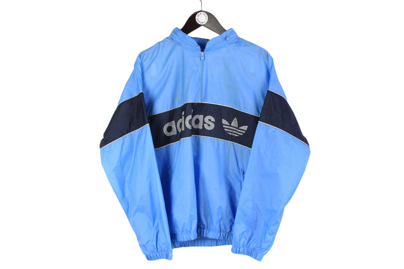 vintage ADIDAS ORIGINALS mens Nylon Hoodie Windbreaker Jacket Reflective Logo authentic rare retro hood Size M blue hipster rave 90s 80s