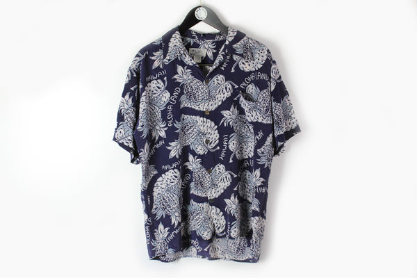 Vintage Hawaii Shirt Large pineapple Aloha silk navy blue gray summer tee 90s 