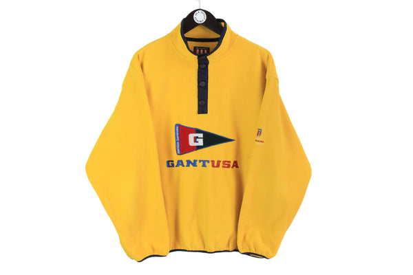 Vintage Gant Fleece Snap Buttons Large Yellow USA big logo authentic 90s sport outdoor sweater