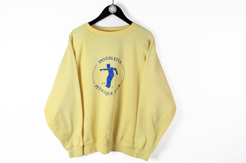 Vintage Inverleith Petanque Club Sweatshirt Large / XLarge yellow big logo table tennis 80s sport jumper