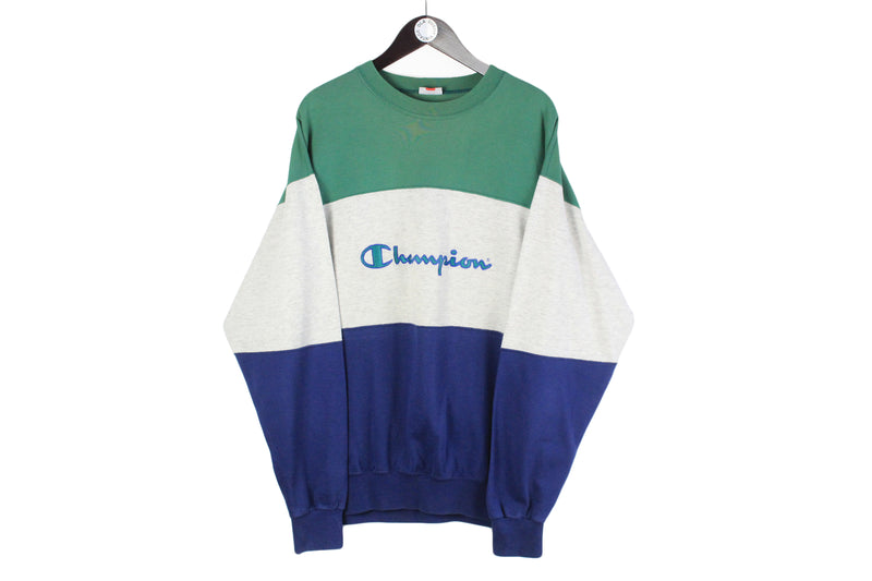 Vintage Champion Sweatshirt XLarge multicolor big logo 90s USA crewneck green gray blue sportswear jumper