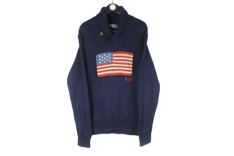 Vintage Polo by Ralph Lauren Sweater Large navy blue USA big logo flag 90s 00s turtleneck jumper
