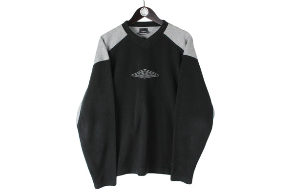 Vintage Umbro Fleece Sweatshirt Large black gray big logo v-neck 00s jumper winter