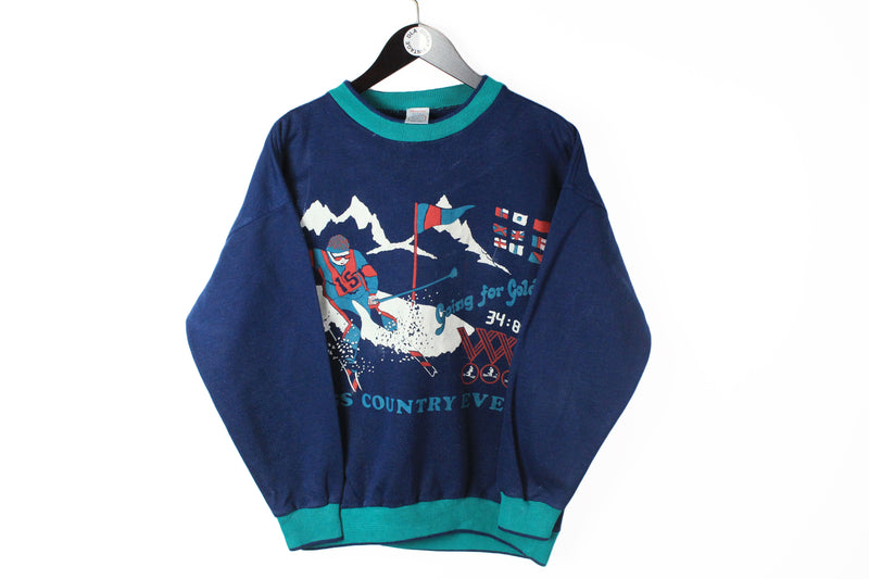 Vintage Ski Sweatshirt Small navy blue big skating logo going for cold 80s mountain lover jumper