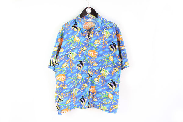 Vintage Hawaii Shirt XLarge blue fish pattern 90's summer Islands t-shirt