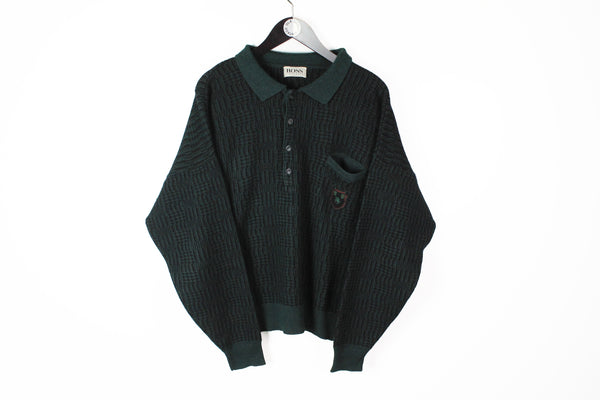 Vintage Hugo Boss Sweater Large / XLarge green 80's style button half collared jumper