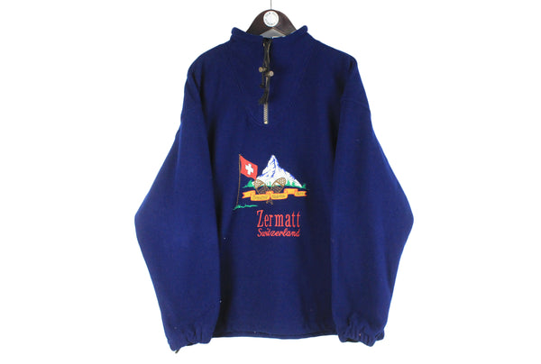 Vintage Zermatt Switzerland Fleece 1/4 Zip XLarge navy blue big logo embroidery sport style ski sweater 90s