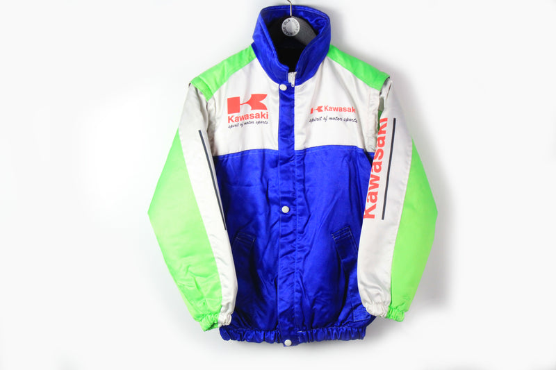 Vintage Kawasaki Jacket Small big logo multicolor blue green racing jacket Motor sport