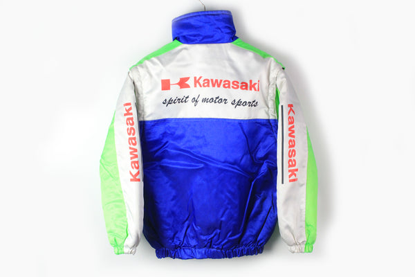 Vintage Kawasaki Jacket Small big logo multicolor blue green racing jacket Motor sport 90s big logo windbreaker