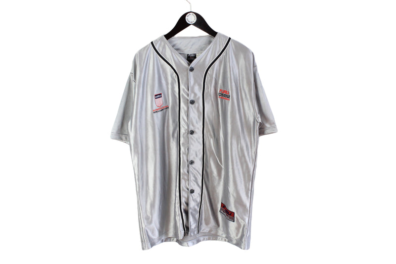 Vintage Fubu Jersey T-Shirt XLarge gray silver 90's button sport hip hop tee