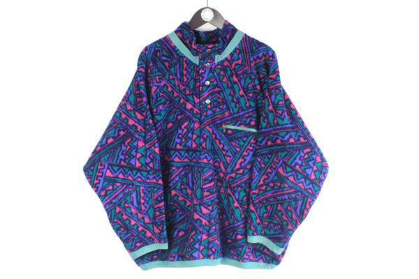 Vintage Fleece Medium Oversize winter button up ski sweatshirt bright acid outfit 90's wear