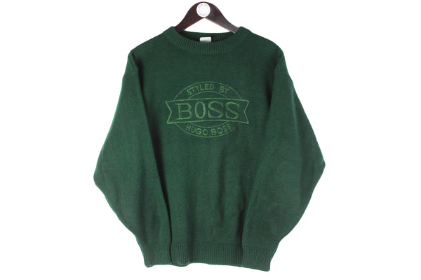 Vintage Hugo Boss Sweater Medium green big logo embroidery style pullover 90s 80s sport jumper