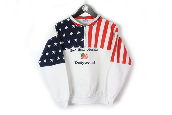 Vintage USA Sweatshirt 1/4 Zip Women's Medium white USA Flag 90's God Bless America Dollywood jumper