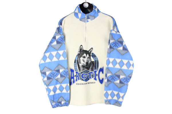 Vintage Arctic Dog Fleece Half Zip Medium wolf animal pattern Siberian Husky winter sport sweater 90s