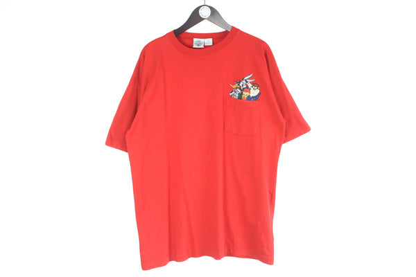 Vintage Warner Bros T-Shirt XLarge size men's oversize tee short sleeve red bright top cotton crewneck cartoon moovie brand rare retro streetwear 90's