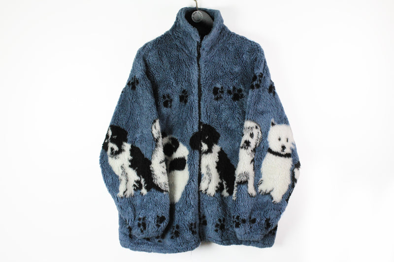Vintage Fleece Full Zip Large dog pattern puppies 90s sport ski sweater cozy jumper