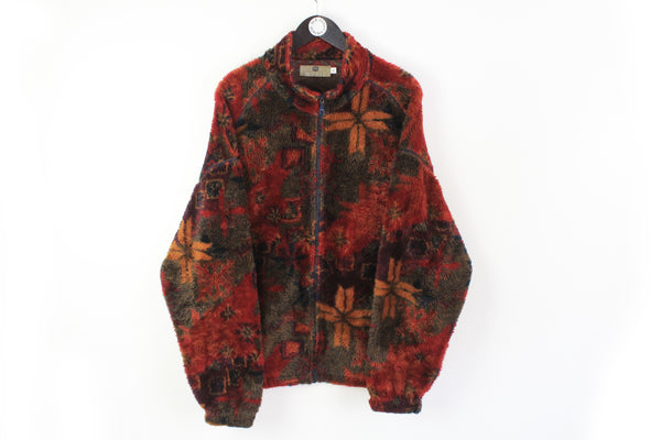 Vintage Fleece Full Zip XLarge / XXLarge leaf pattern abstract super soft 90's style cozy sweater