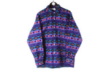 Vintage Fleece Shirt Large purple abstract pattern collard sweater 90s retro sport style cozy jumper