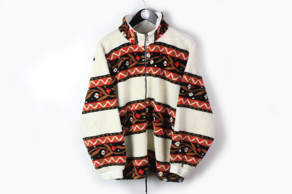 Vintage Fleece Full Zip Medium multicolor beige red 90s winter ski sweater