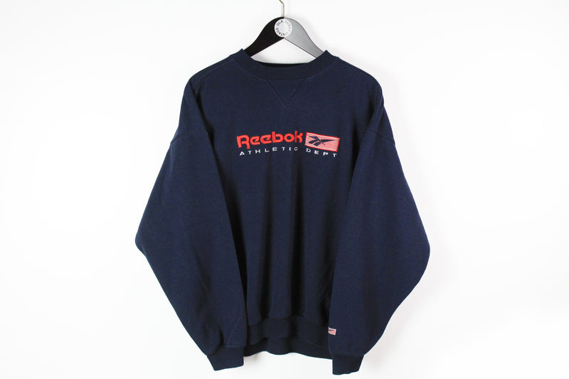 Vintage Reebok Sweatshirt Large navy blue big logo 90s sport athletic dept retro style jumper