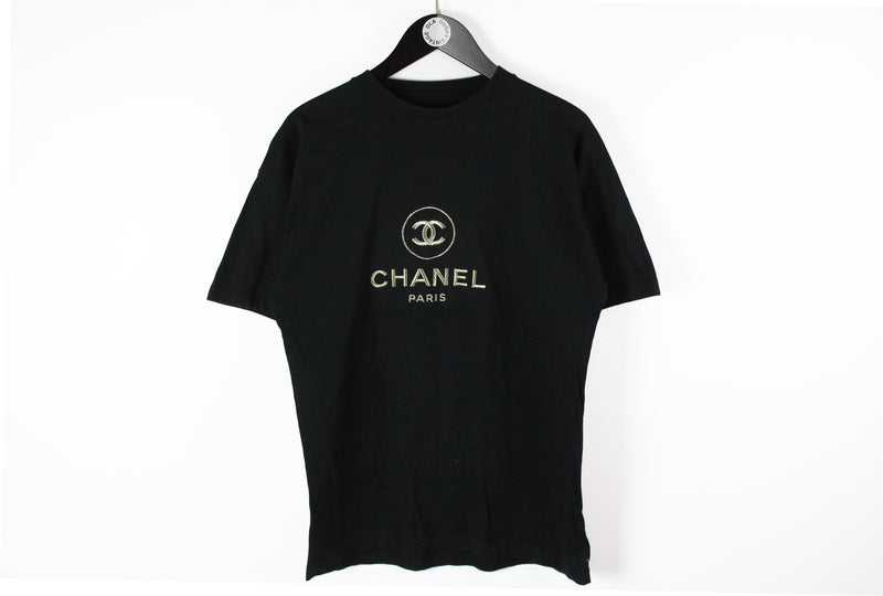  Vintage Chanel Bootleg Big Embroidery Logo Large black silver big logo 90s classic cotton tee
