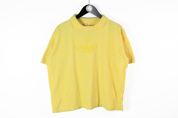 Vintage Chanel Bootleg Big Embroidery Logo T-Shirt Women's Medium yellow retro style 90s tee