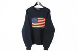 Vintage Ralph Lauren Sweater XLarge / XXLarge navy blue big USA FLAG logo 90's style hip hop jumper