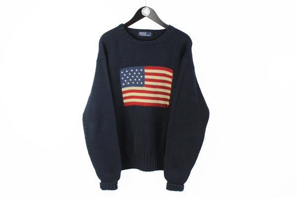 Vintage Ralph Lauren Sweater XLarge / XXLarge navy blue big USA FLAG logo 90's style hip hop jumper