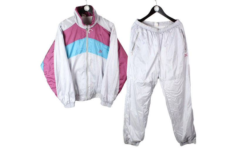 Vintage Puma Tracksuit Large gray purple blue multicolor 90's classic sports style suit full zip jacket and track pants