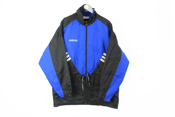 Vintage Adidas Jacket XLarge / XXLarge big logo blue black classic sport style 90's windbreaker