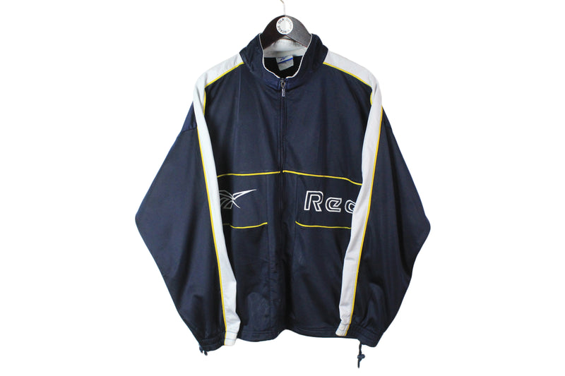 Vintage Reebok Tracksuit Medium / Large navy blue big logo 90's sport suit full zip jacket and track pants