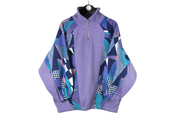 Vintage Fleece Women's Large size oversize purple abstract pattern winter pullover 1/4 zip long sleeve warm sweatshirt outdoor ski style extreme outfit 90's clothing