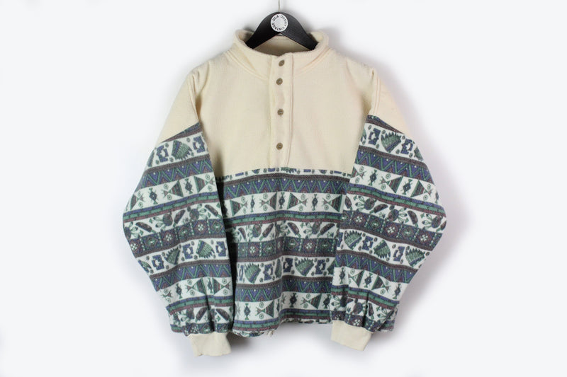Vintage Fleece Snap Buttons Medium multicolor 90s sport beige abstract pattern sweater