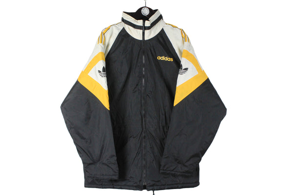 Vintage Adidas Jacket XLarge size men's oversize coat sport style black yellow full zip windbreaker classic logo Germany style authentic athletic 90's clothing 