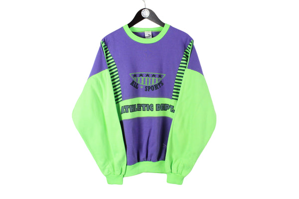 Vintage Puma Sweatshirt XLarge size men's oversize bright acid multicoloe pullover purple green long sleeve big logo authentic athletic style retro 90's clothing acid colorway