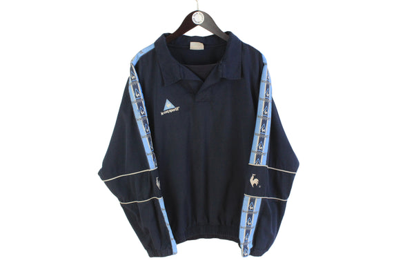 Vintage Le Coq Sportif Sweatshirt XLarge blue full sleeve logo collared v-neck jumper anorak windbreaker