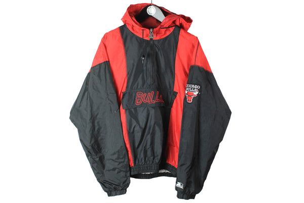 Vintage Chicago Bulls Starter Anorak Jacket XLarge black red 90's big logo retro style hooded windbreaker basketball NBA