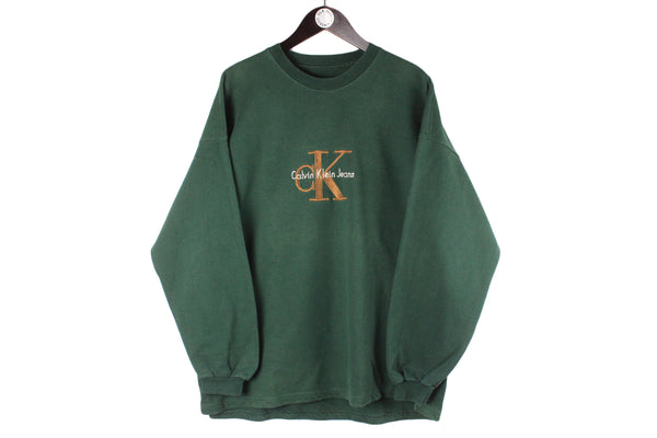 Vintage Calvin Klein Sweatshirt green big logo embroidery bootleg Jeans 90s retro USA sport style crewneck
