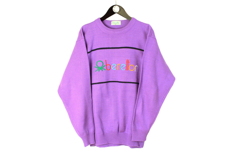Vintage United Colors of Benetton Sweater Large size men's oversize unisex knitted big logo pullover retro rare bright purple jumper long sleeve authentic wear 90's street style multicolor big logo