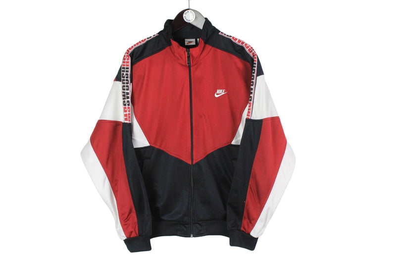 Vintage Nike Track Jacket Medium / Large size men's black red full zip sport wear authentic athletic swoosh logo 90's retro style USA outfit