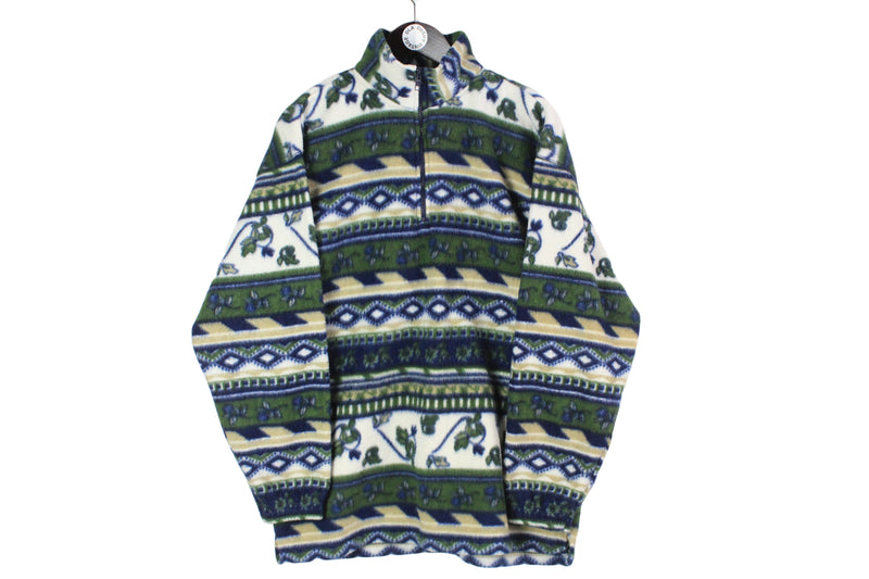 Vintage Fleece Large size men's oversize 1/4 zip abstract patten sweatshirt warm ski winter sweater green multicolor 90's retro wear