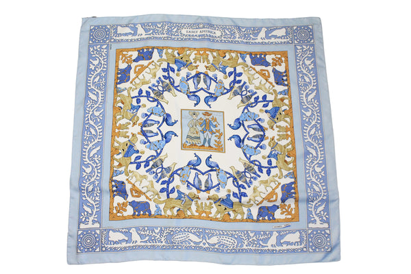 Vintage Hermes "Early America" Francoise de la Perriere Scarf blue Washington authentic luxury rare 90s 80s women's shawl animal print rare pattern