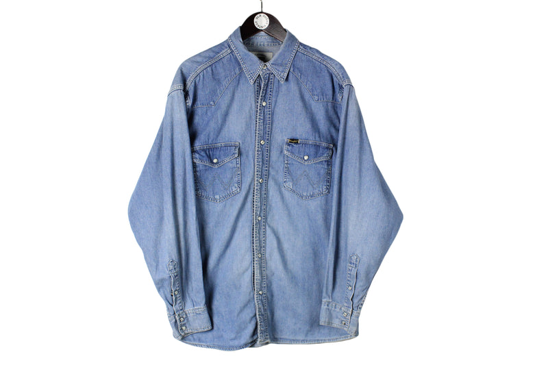 Vintage Wrangler Shirt XLarge size men's blue jean denim collared 90's style rare retro work wear street style USA brand long sleeve