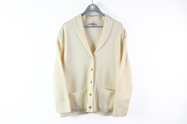 Vintage Burberrys Cardigan Large gold button beige wool sweater 90s shoulder pads women's luxury wear