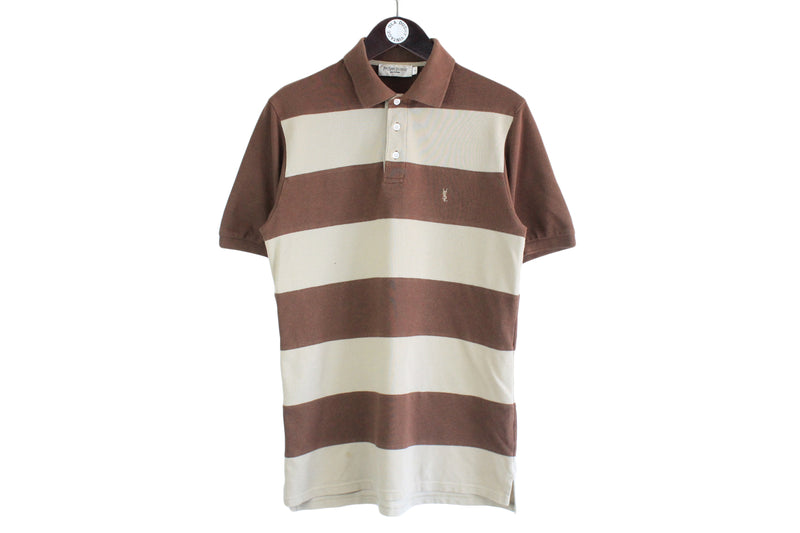  Vintage Yves Saint Laurent Polo T-Shirt luxury cotton shirt 90s small logo retro striped pattern brown beige