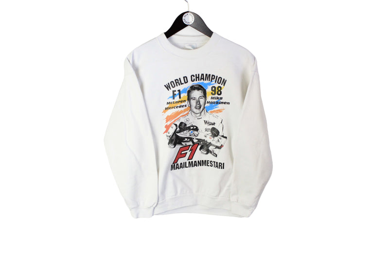 Vintage Mika Hakkinen Maailmanmestari McLaren F1 Sweatshirt Small white big logo formula 1 crewneck 90's 1998 