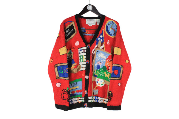 Vintage Cardigan Medium / Large size men's unisex oversize bright big pattern big logo school theme button up christmas ugly sweater rare retro 90's 80's style outfit knit knitted