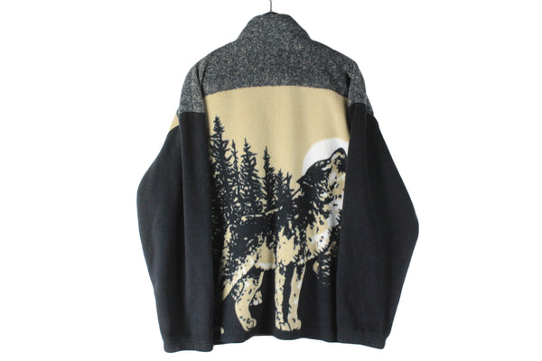 Vintage Wolf Fleece Full Zip XLarge big logo 90s retro animal pattern wild nature print winter ski style cozy jumper sweater