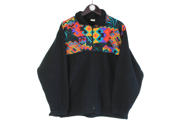 Vintage Fleece black full zip retro sweater 90s ski abstract pattern