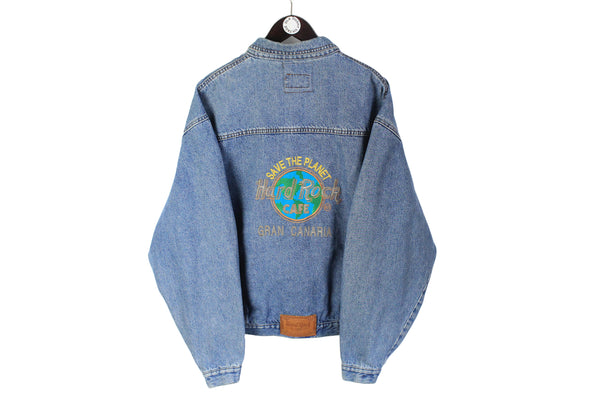 Vintage Hard Rock Cafe Gran Canaria Denim Jacket Large blue big logo Save the Planet jean coat 90's made in Spain